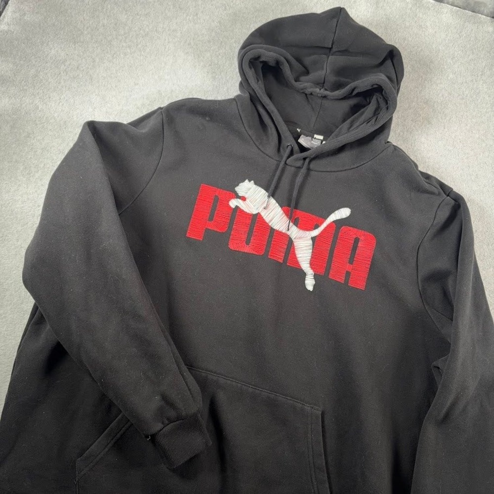 Puma Hoodie Mens XXL Black Solid Big Logo Embroidered Fleece Pullover